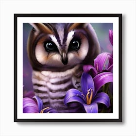 Owl In Purple Flowers 1 Art Print