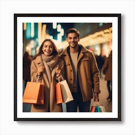 Photo Happy Couple With Shopping Bags Enjoying Night At City 0 Art Print