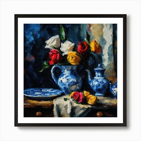 Blue Pottery and Vibrant Rose Flowers Art Print