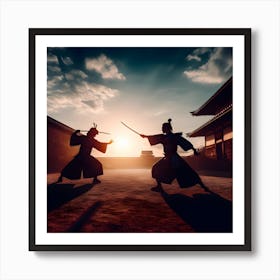 Silhouette Of Samurai Fighting At Sunset Art Print