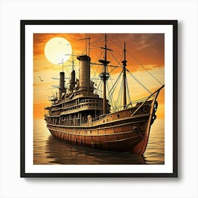 Steampunk Ship At Sunset Cubism Style Art Print