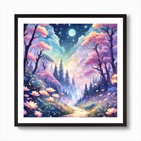 A Fantasy Forest With Twinkling Stars In Pastel Tone Square Composition 362 Art Print