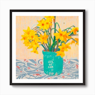 Yellow Daffodils In A Teal Salt Jar Square Art Print