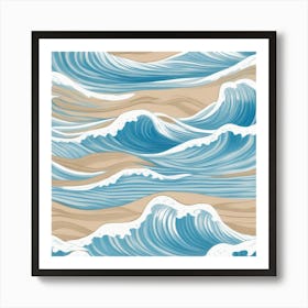 Ocean Waves Gentle Pencil Drawings Of Waves Highlighted With Shades Of Light Blue And Sandy Beige 2 Art Print