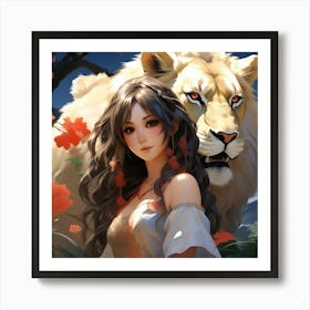 Japanese girl and Lion Art Print