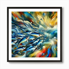 Sardines Gliding Through An Abstract Ocean Of Colors And Shapes, Style Abstract Expressionism 3 Art Print