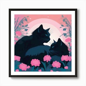 Silhouettes Of Cats In The Garden At Night, Nero, Blue, Pink And Fuchsia Art Print