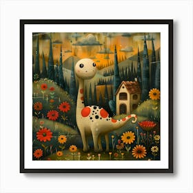 Dinosaur In The Garden, Naïf, Whimsical, Folk, Minimalistic Art Print