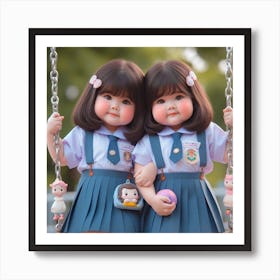 Two Asian Girls On A Swing Art Print