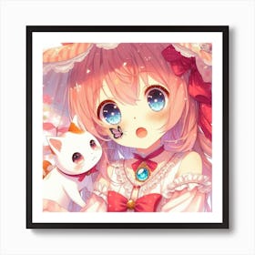 Cute Anime Girl With Cat Art Print