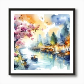 Watercolor Of Chinese City Art Print