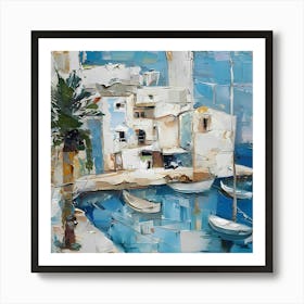 Boats In The Harbor. Mallorcatherapy. Abstraction. sea, boat, Mallorca, abstraction, painting for the interior, palm tree, harbour, marina, yachts, bay, house by the sea, seascape Art Print