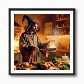 Young mage cooking a meal in a modern kitchen Art Print