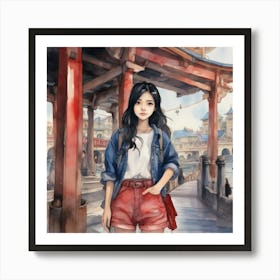 Girl In Red Shorts Art Print