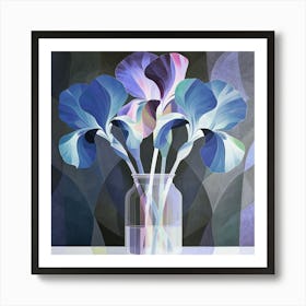 Blue Irises in Vase. Dark Blue Art Print