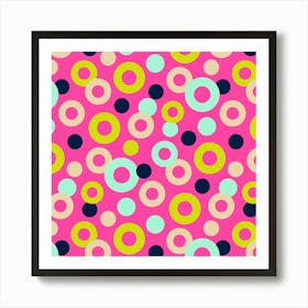 DROPS Polka Dots Rings Abstract Geometric in Retro Pink Blue Cream on Hot Pin Art Print