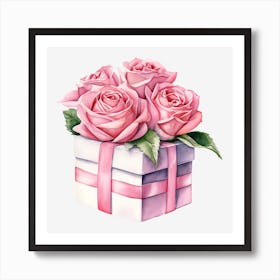 Pink Roses In A Gift Box Art Print