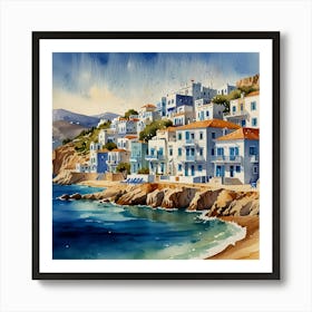 Blue Houses By The Sea.Summer on a Greek island. Sea. Sand beach. White houses. Blue roofs. The beauty of the place. Watercolor. Art Print