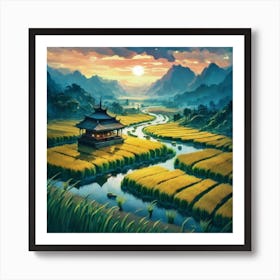 Beautiful views of rice fields, close to the river and surrounded by mountains, 3 Art Print