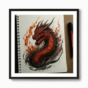 Red Dragon Drawing Art Print