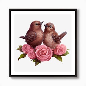 Two Birds On Roses Art Print