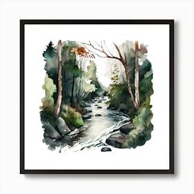 Watercolor River In The Forest Poster