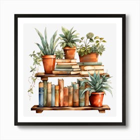 Bookshelf With Plants Art Print