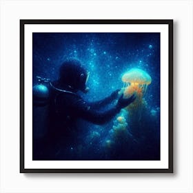 Jellyfish With Diver Art Print