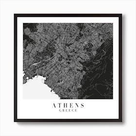 Athens Greece Minimal Black Mono Street Map  Square Art Print