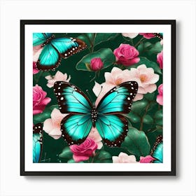 Blue Butterflies And Roses Art Print