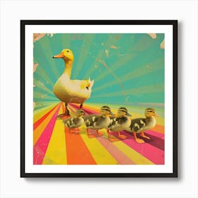 Retro Sun Duck & Duckling Collage Art Print