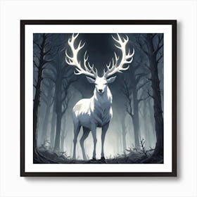 A White Stag In A Fog Forest In Minimalist Style Square Composition 71 Art Print
