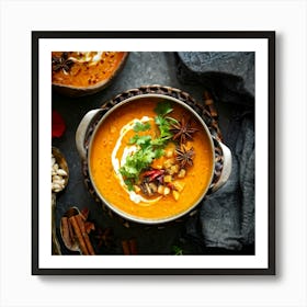 Autumn Pumpkin Curry Soup Simmering In A Traditional Clay Pot Steam Rising Surrounded By An Assort (3) Art Print