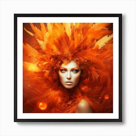 Beautiful Woman With Orange Feathers Photo Art Print