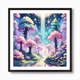 A Fantasy Forest With Twinkling Stars In Pastel Tone Square Composition 398 Art Print