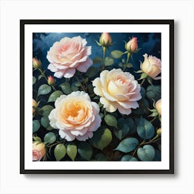 Vintage Midnight Summer Botanical Roses Garden Art Print 3 Art Print