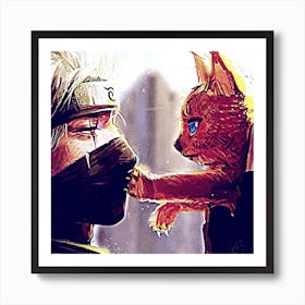 Boy with cat anime art Art Print