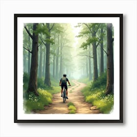 Mountain Bike On A Forest Path With Morning Mist Watercolor 1 Art Print