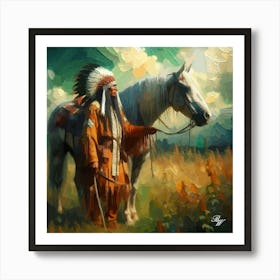 Elderly Native American Warrior With Horse 2 Art Print