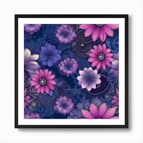Purple Flowers On A Blue Background Art Print