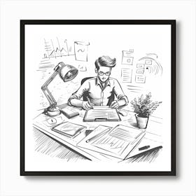 Businessman Working At Desk Art Print