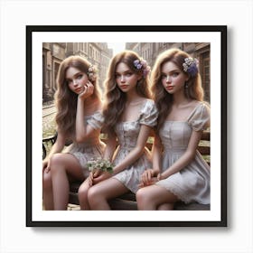 Three Girls Sitting On A Bench 2 Art Print