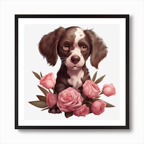 Dog With Roses 3 Art Print