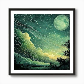 Textured Hand Drawn Night Landscape With Moonlit Sky Art Print