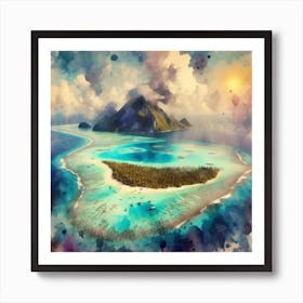 Tropical Haven, A pastel artwork showcasing a detailed view of the lush greenery on parts of the atoll, contrasted against the deep blue ocean. This artwork would look great in a study or a bedroom, where it can inspire creativity and relaxation. 1 Art Print