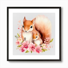 Watercolor Spring Mama and Baby Squirrels Art Print