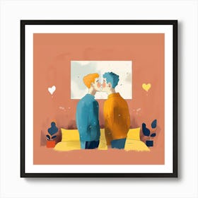 gay couple kiss in bedroom Art Print