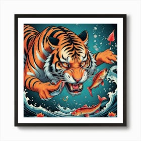 Tiger Hunting A Fish Art Print