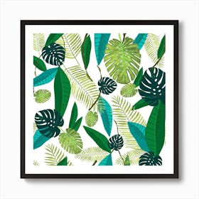 Tropical Green Leaves Pattern Square Art Print