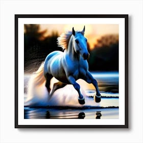 White Horse Running In Water 6 Art Print